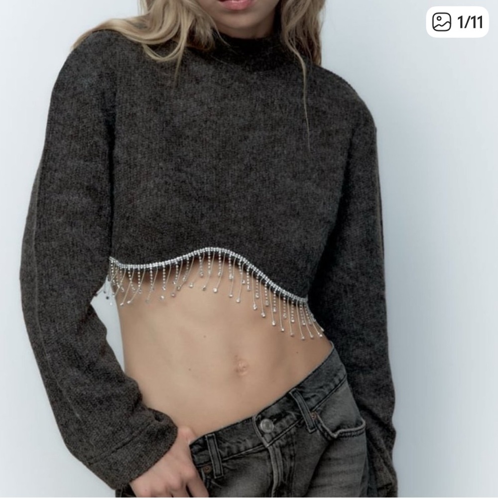 Zara - Cropped Dark Gray Knit Sweater with Rhinestone Fringe